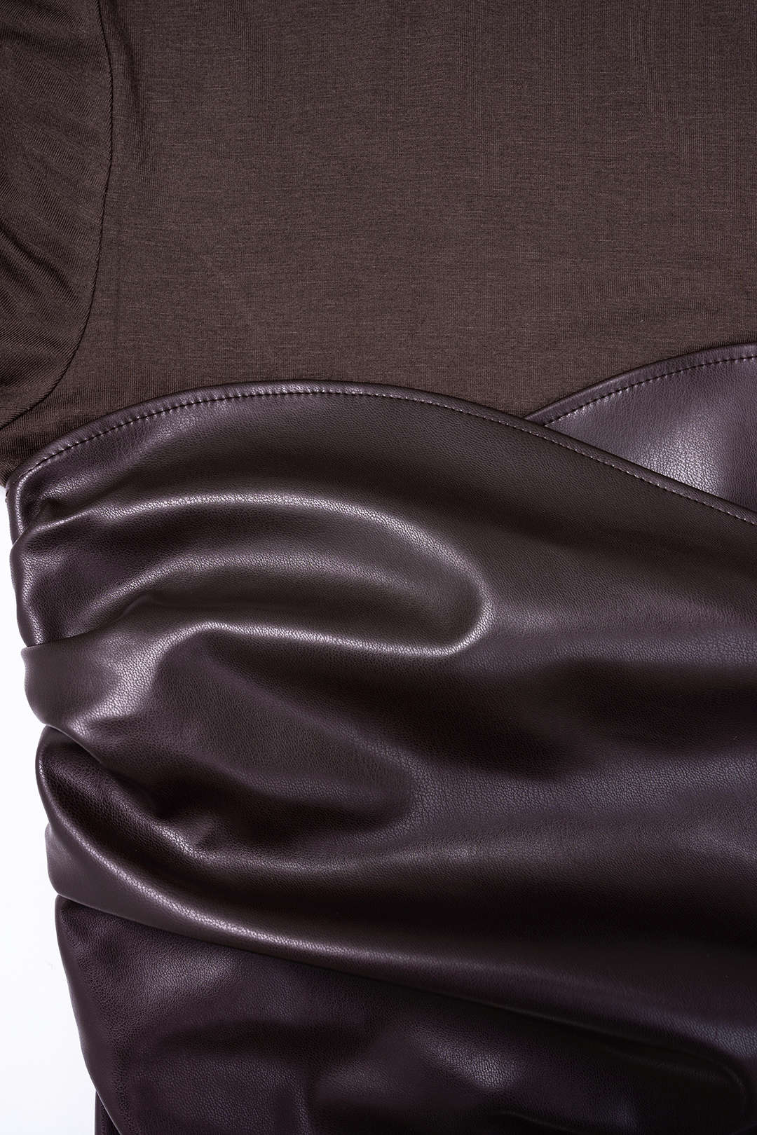 Faux Leather Crossed Ruched Long Sleeve Maxi Dress