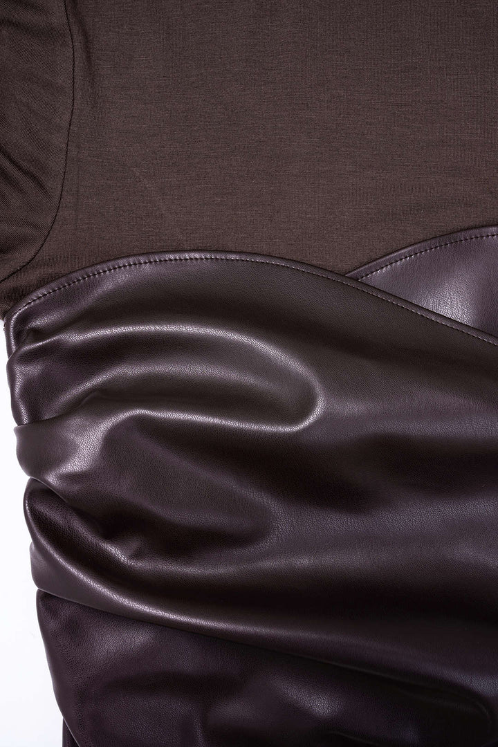 Faux Leather Crossed Ruched Long Sleeve Maxi Dress