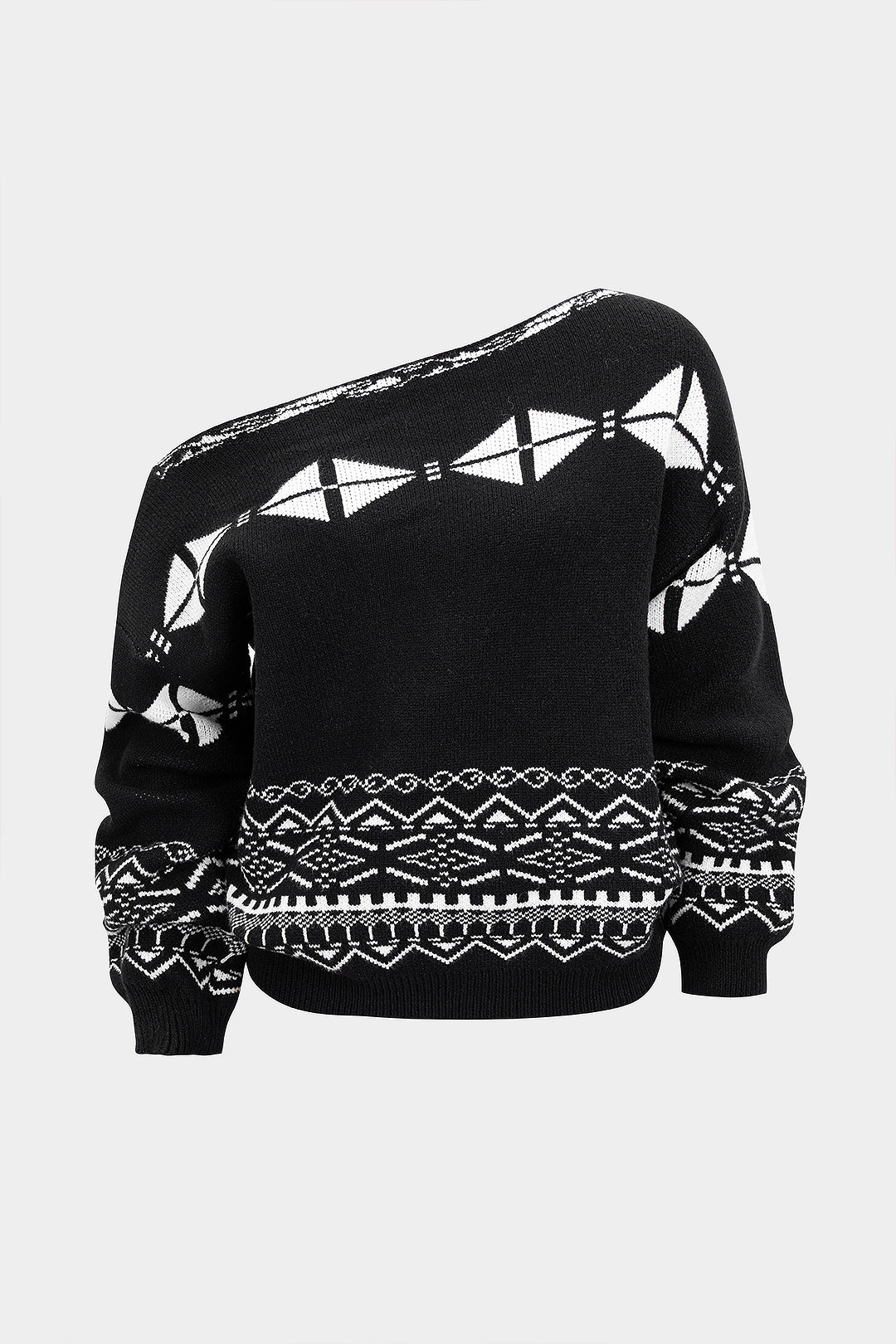 Knit Geometric Print Slant Shoulder Long-Sleeve Top