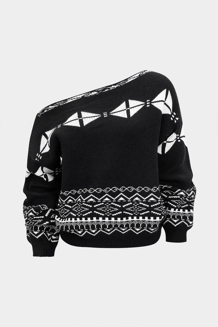 Knit Geometric Print Slant Shoulder Long-Sleeve Top