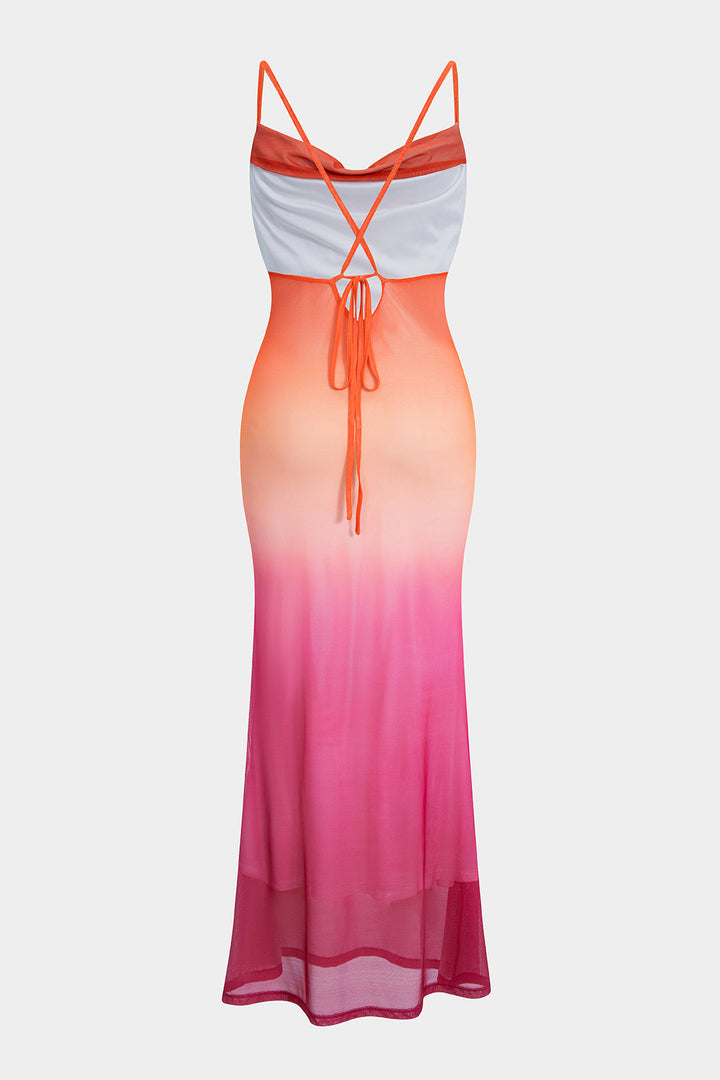 Ombre Print Mesh  Ruched Tie Back Slip Maxi Dress