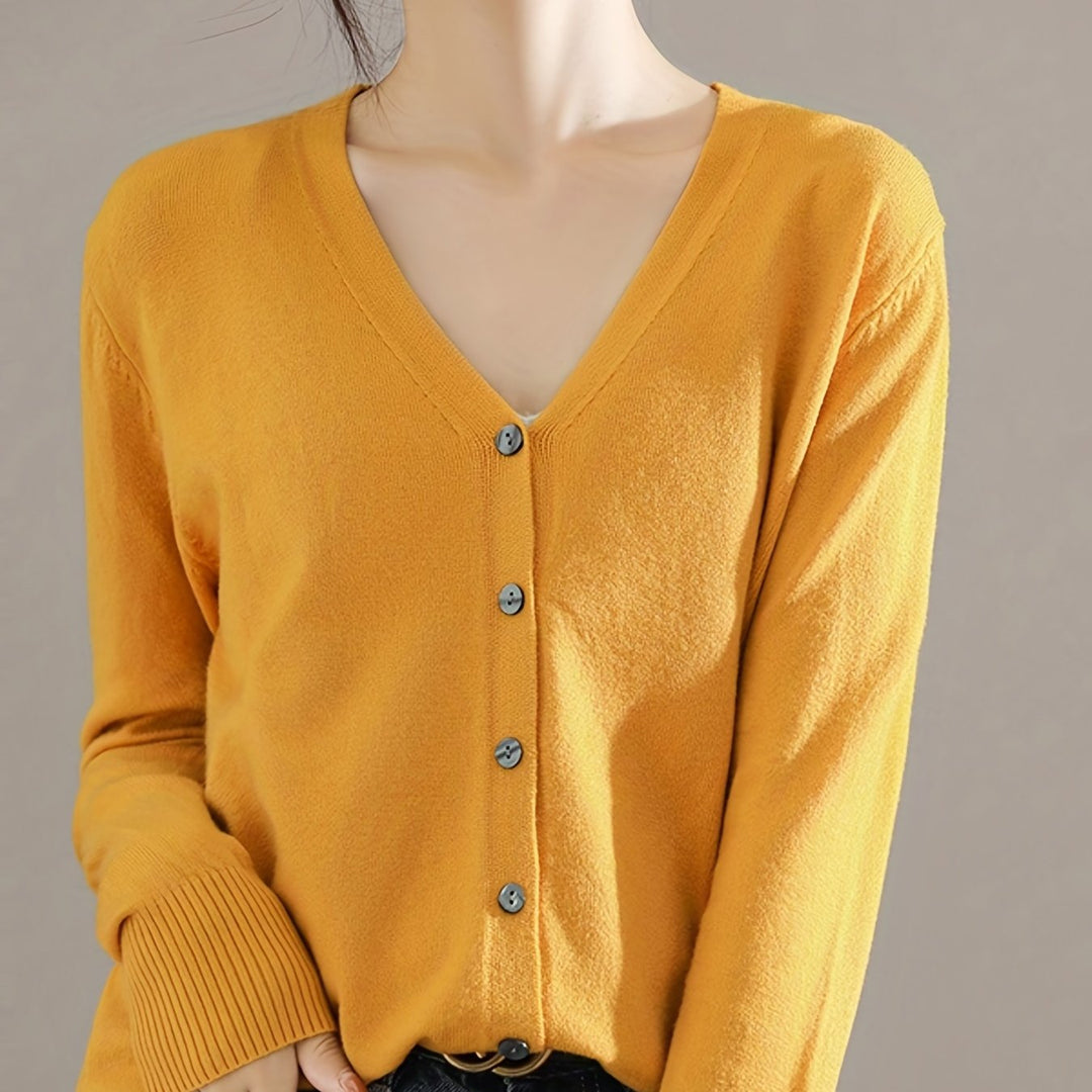 Solène™ | Button-Front Ribbed-Cuff V-Neck Cardigan Sweater