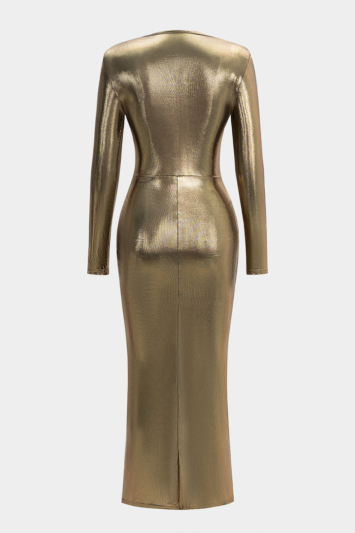 Deep V-Neck Ruched Long Sleeve Maxi Dress