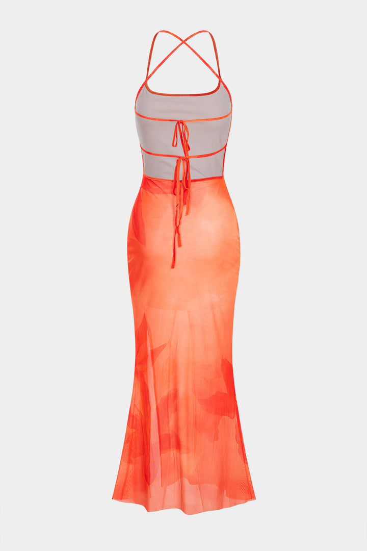 Floral Print Mesh Crossed Tie-Up Backless Slip Sleeveless Maxi Dress