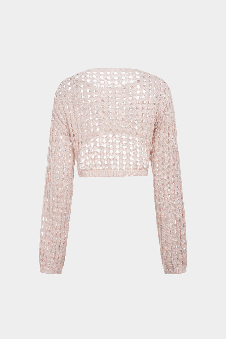 Knit Round Neck Hollow Out Long-Sleeve Cropped Top