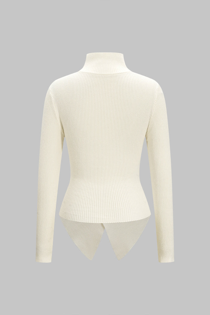 Knit Stand Collar Irregular Button Long-Sleeve Top