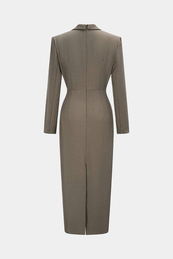 Ruched Notched Lapel Asymmetrical Long Sleeve Maxi Dress