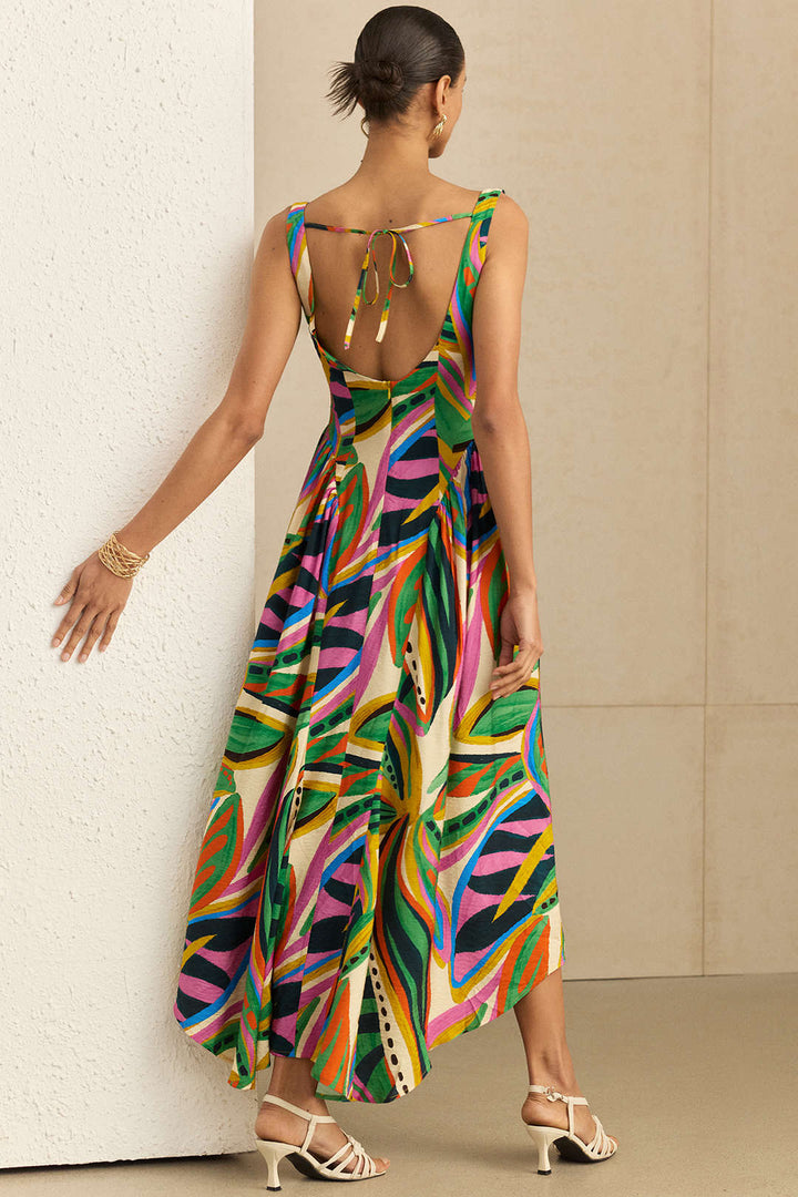 Abstract Print Ruched Sleeveless Maxi Dress