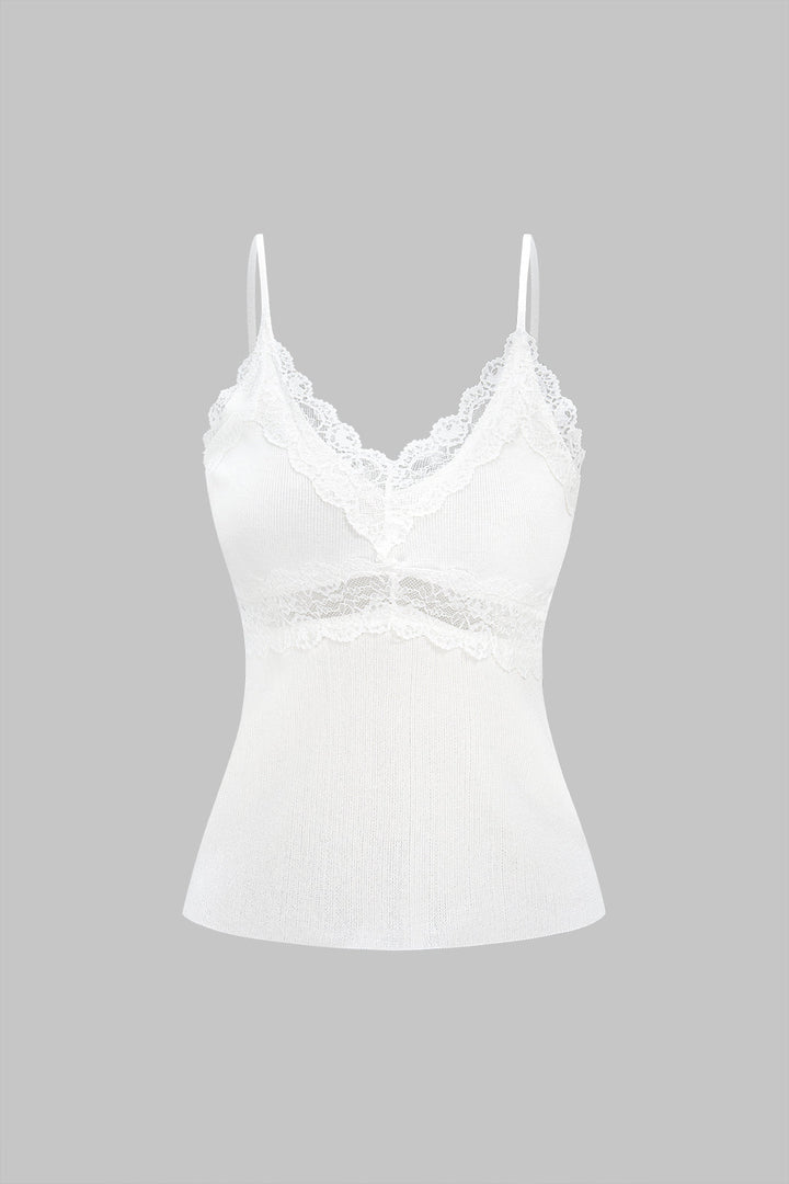 Knit Patchwork Lace Trim V-Neck Cami Top