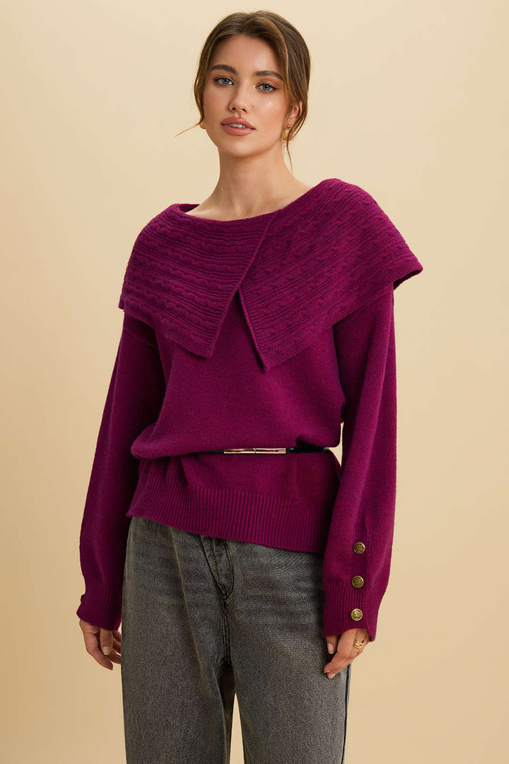 Knit Irregular Lapel Button Long-Sleeve Top