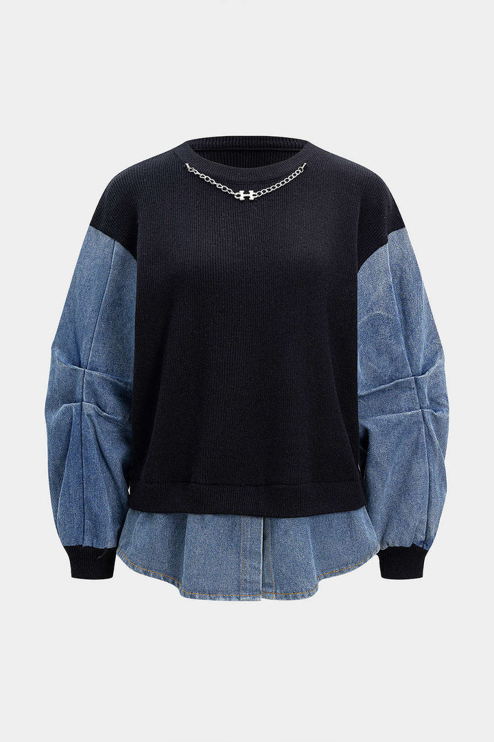 Knit Denim Patchwork Chain Decor Ruched Long-Sleeve Top