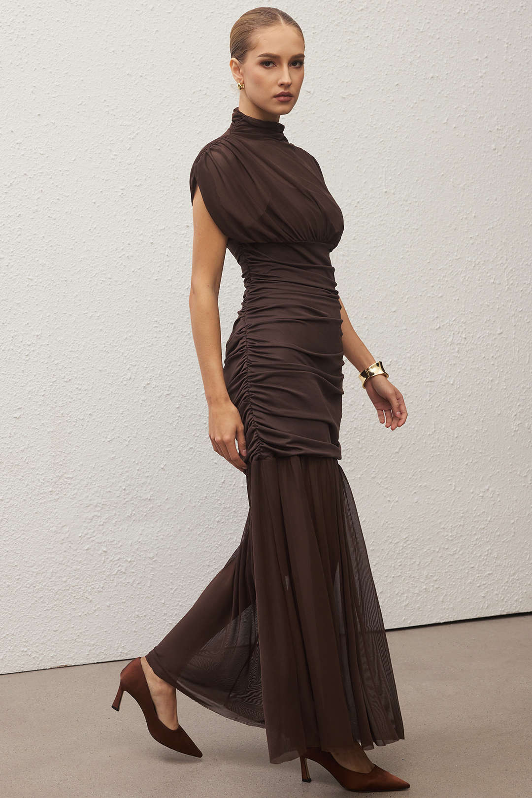 Mesh Patchwork Mock Neck Short-Sleeve Maxi Dress