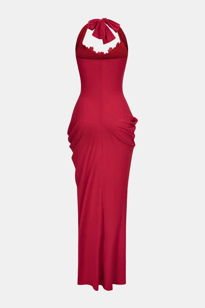 Halter Neck Ruched Backless Sleeveless Maxi Dress