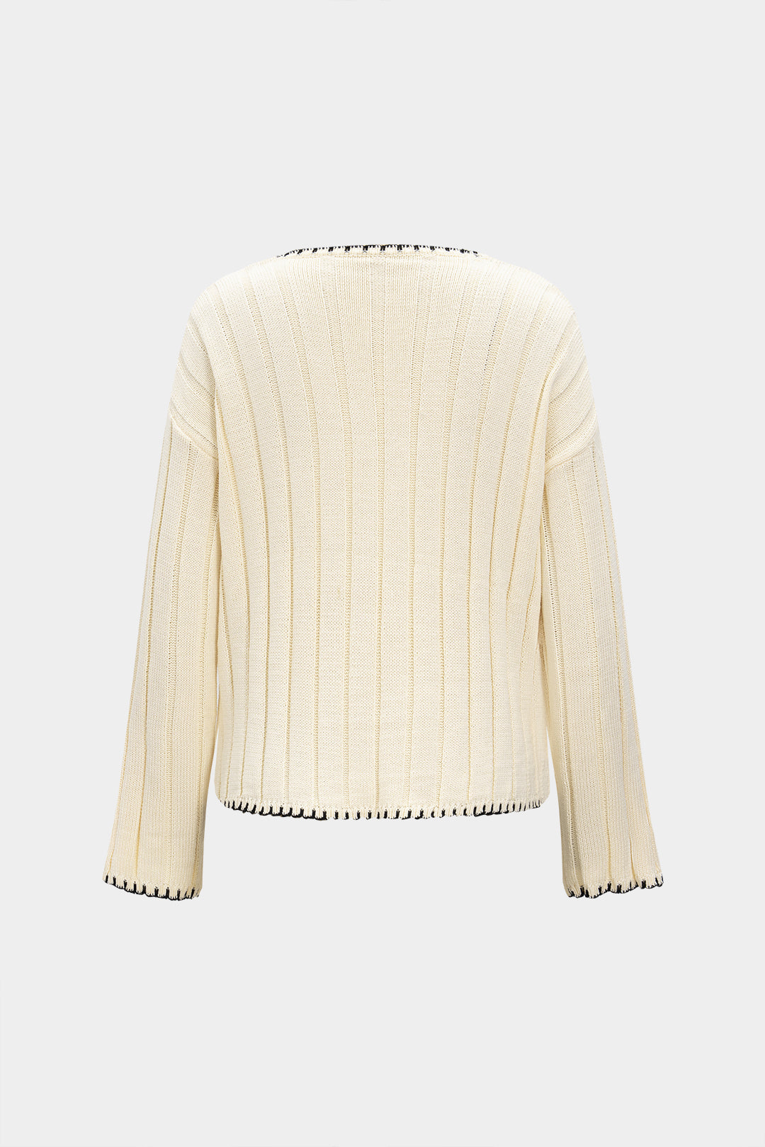 Knit V-Neck Contrast Binding Pocket Long-Sleeve Top