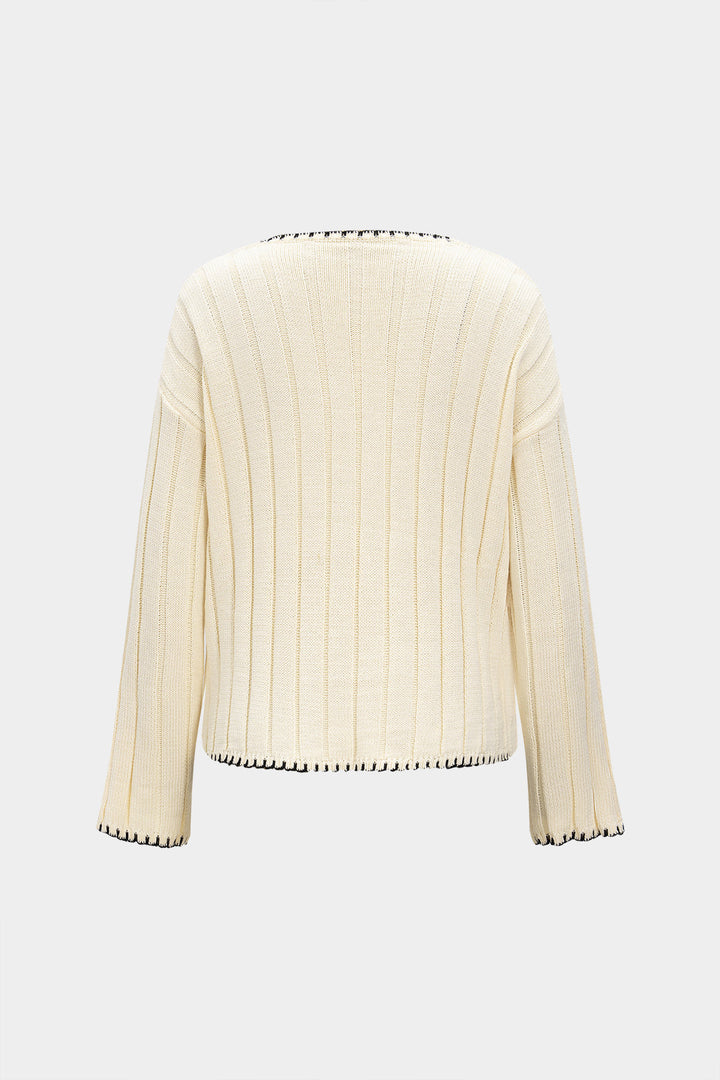 Knit V-Neck Contrast Binding Pocket Long-Sleeve Top