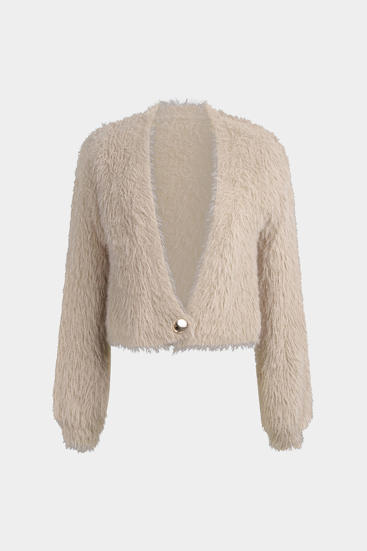 Plush Knit V-Neck One Button Long-Sleeve Top