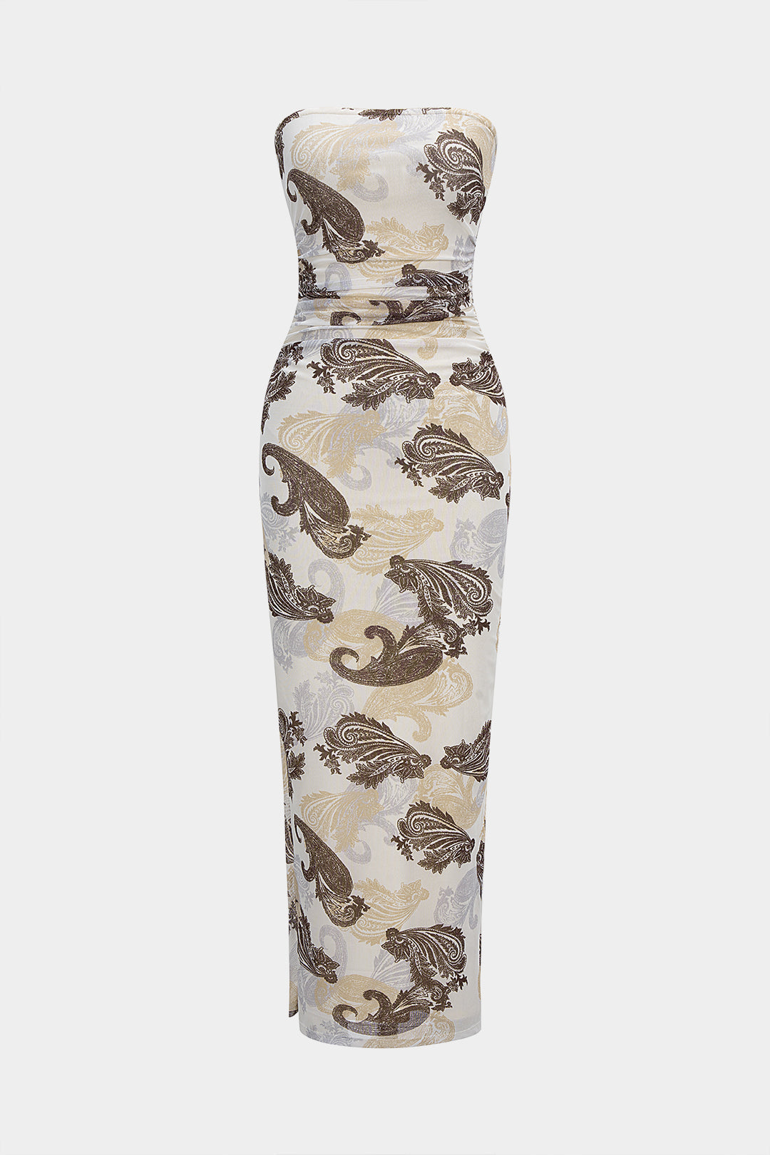 Paisley Print Mesh Ruched Strapless Sleeveless Maxi Dress