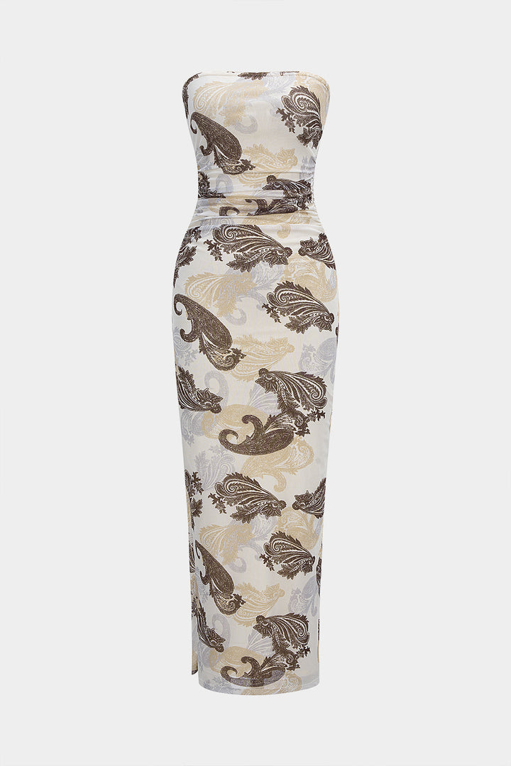 Paisley Print Mesh Ruched Strapless Sleeveless Maxi Dress