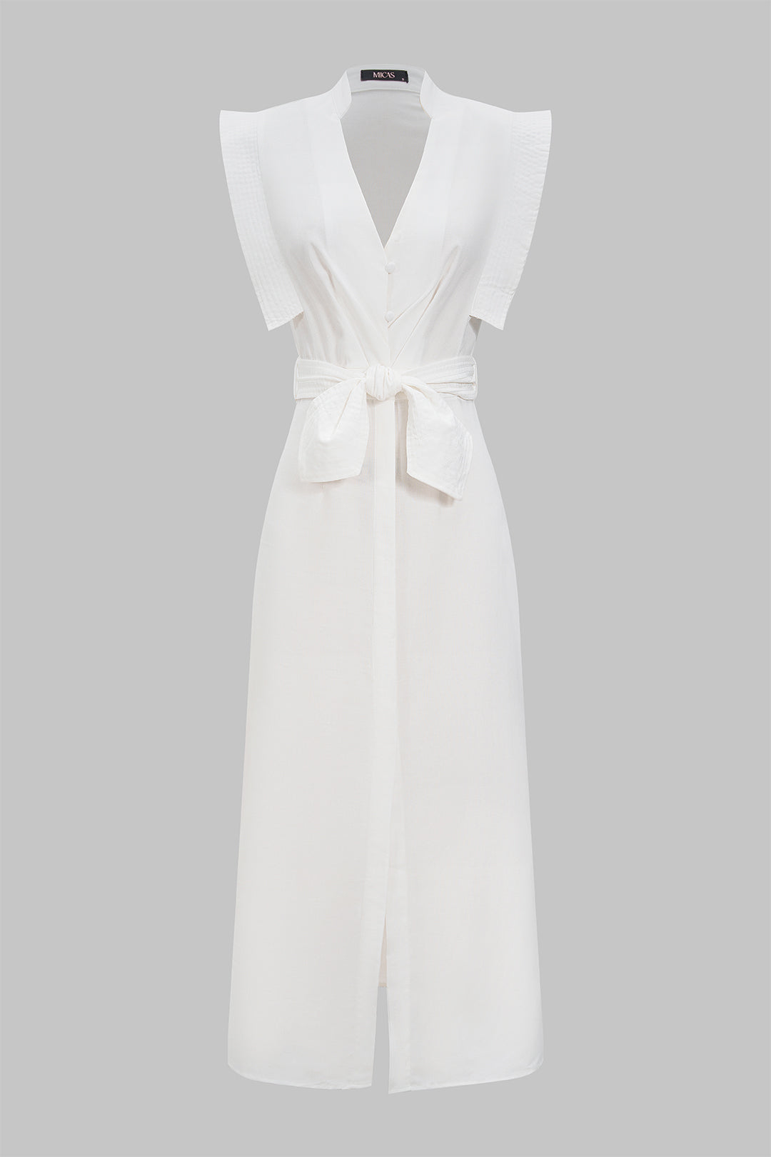 Linen Flutter Sleeve V-Neck Tie Front Slit Maxi Dress