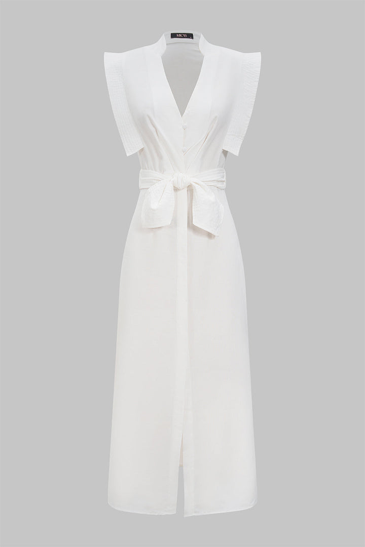 Linen Flutter Sleeve V-Neck Tie Front Slit Maxi Dress
