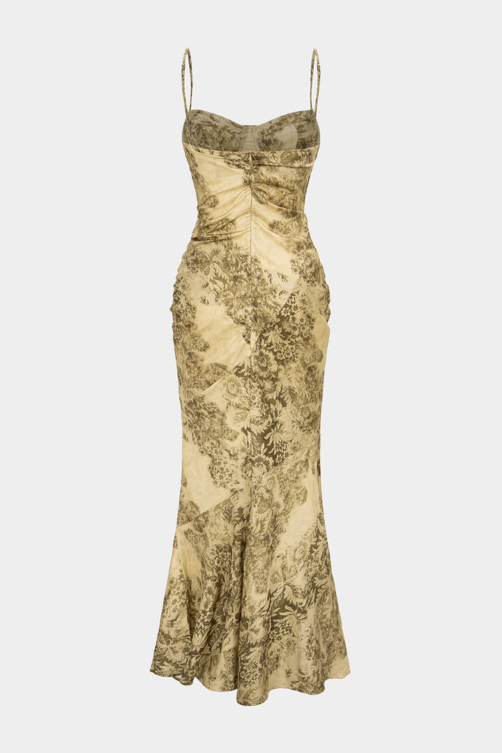 Floral Print Zipper Ruched Sleeveless Maxi Dress