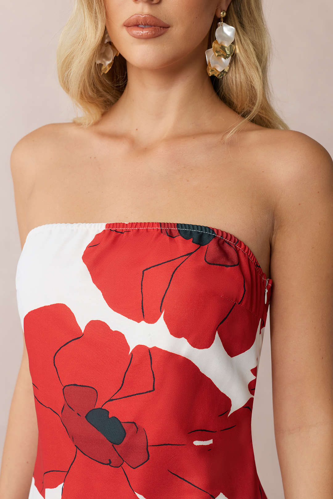 Contrast Floral Print Strapless Sleeveless Maxi Dress