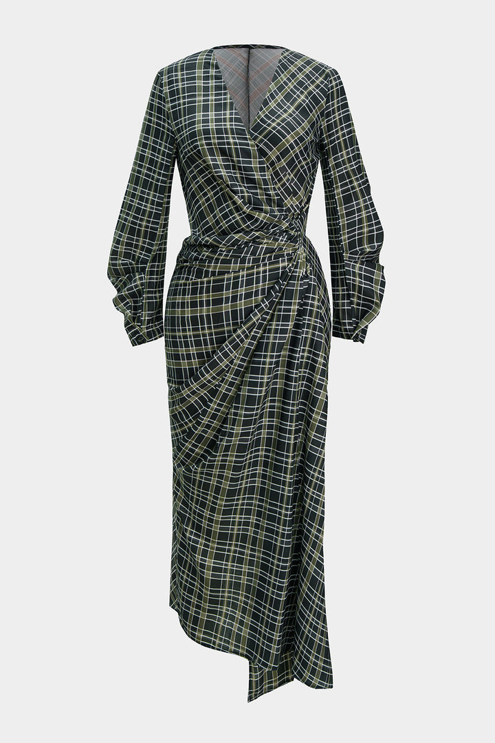 Plaid Print V-Neck Asymmetrical Ruched Long-Sleeve Maxi Dress