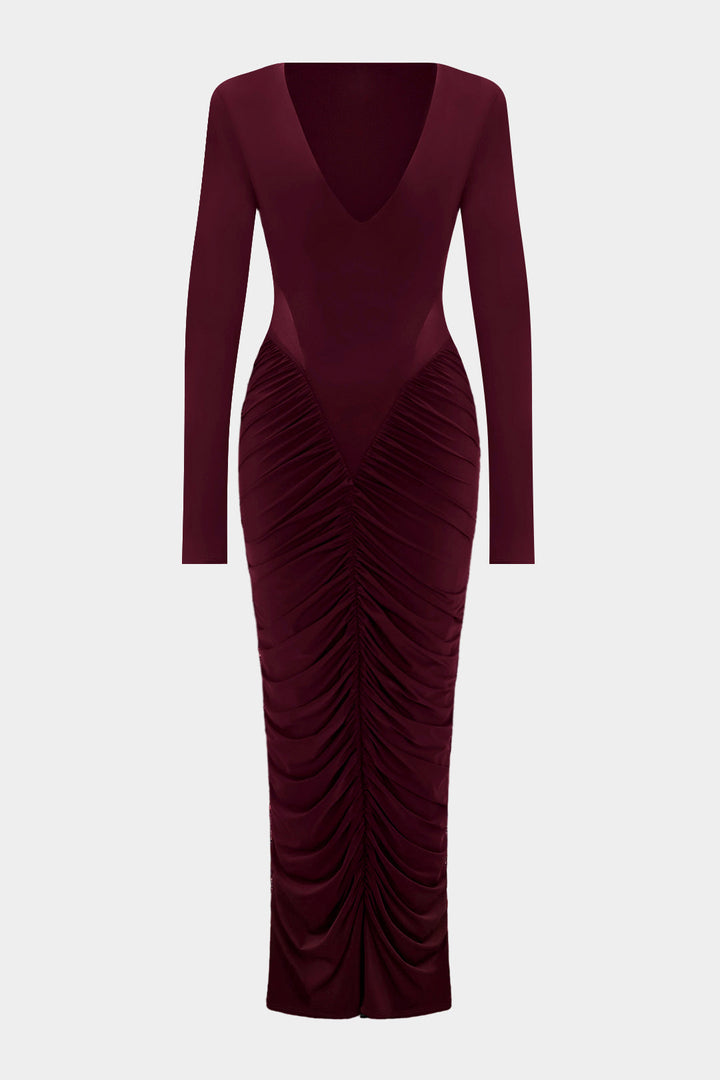 Patchwork Mesh Ruched V-Neck Long Sleeve Maxi Dress