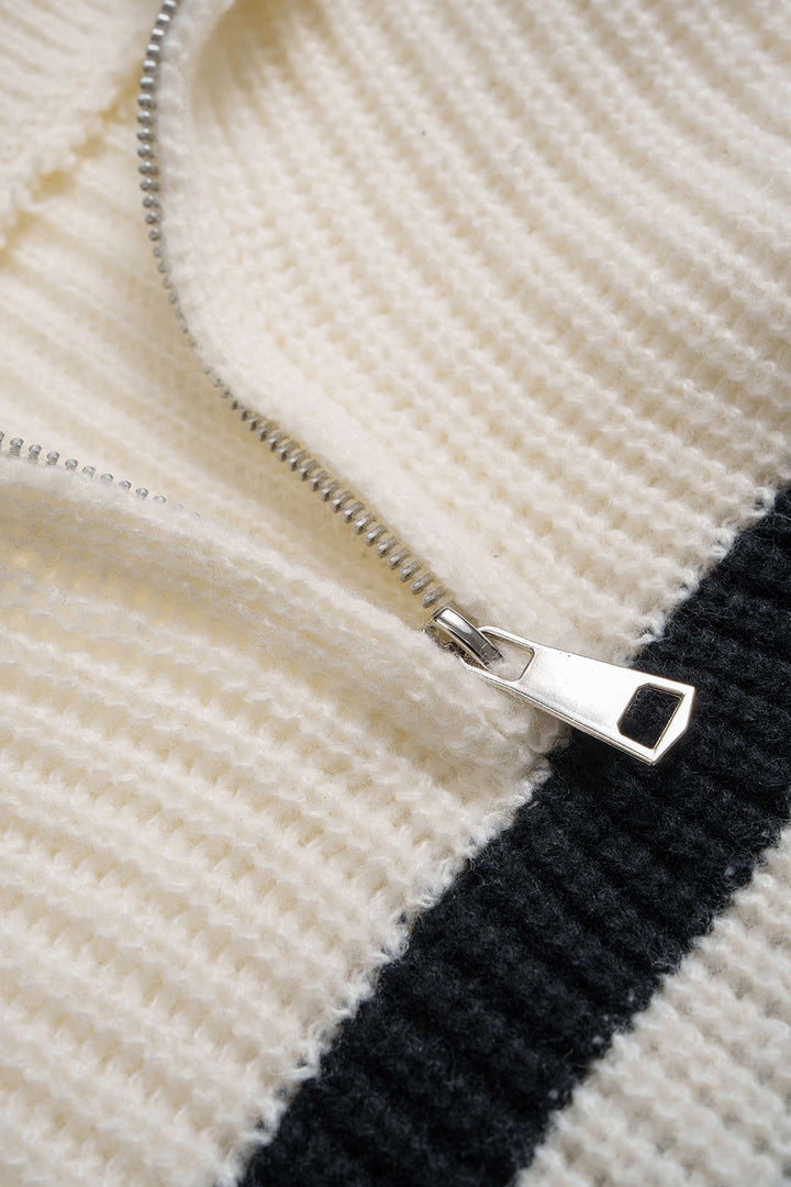 Knit ColorBlock Zipper Long-Sleeve Top