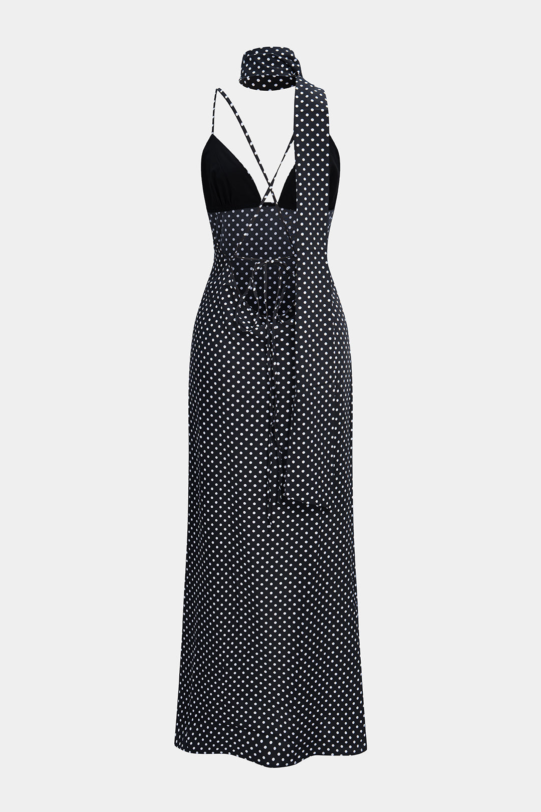 Polka Dots Print Crossed Tie Up Backless Slip Sleeveless Maxi Dress With Scarf