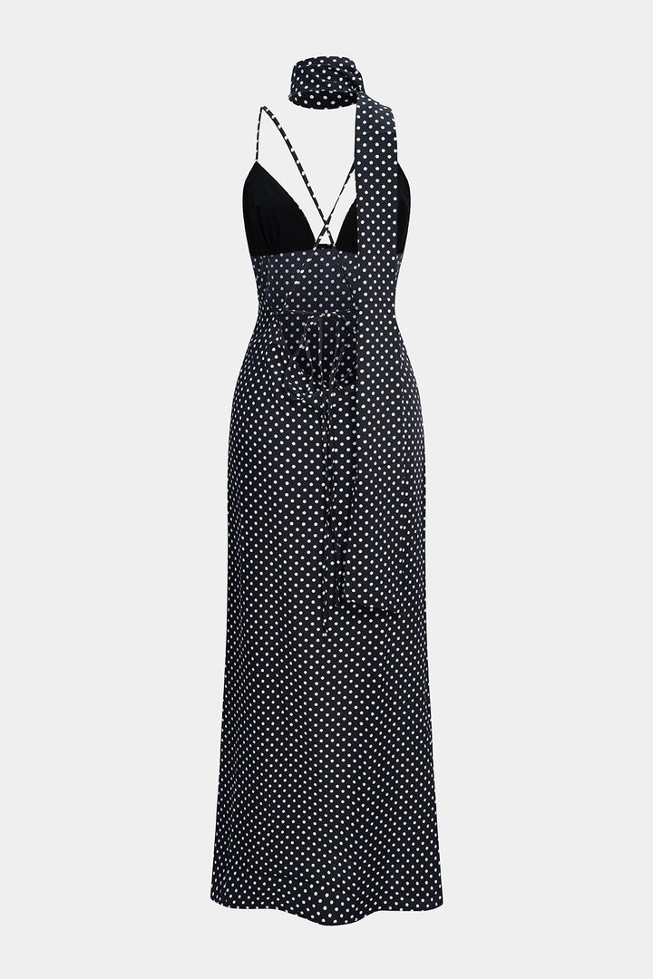 Polka Dots Print Crossed Tie Up Backless Slip Sleeveless Maxi Dress With Scarf