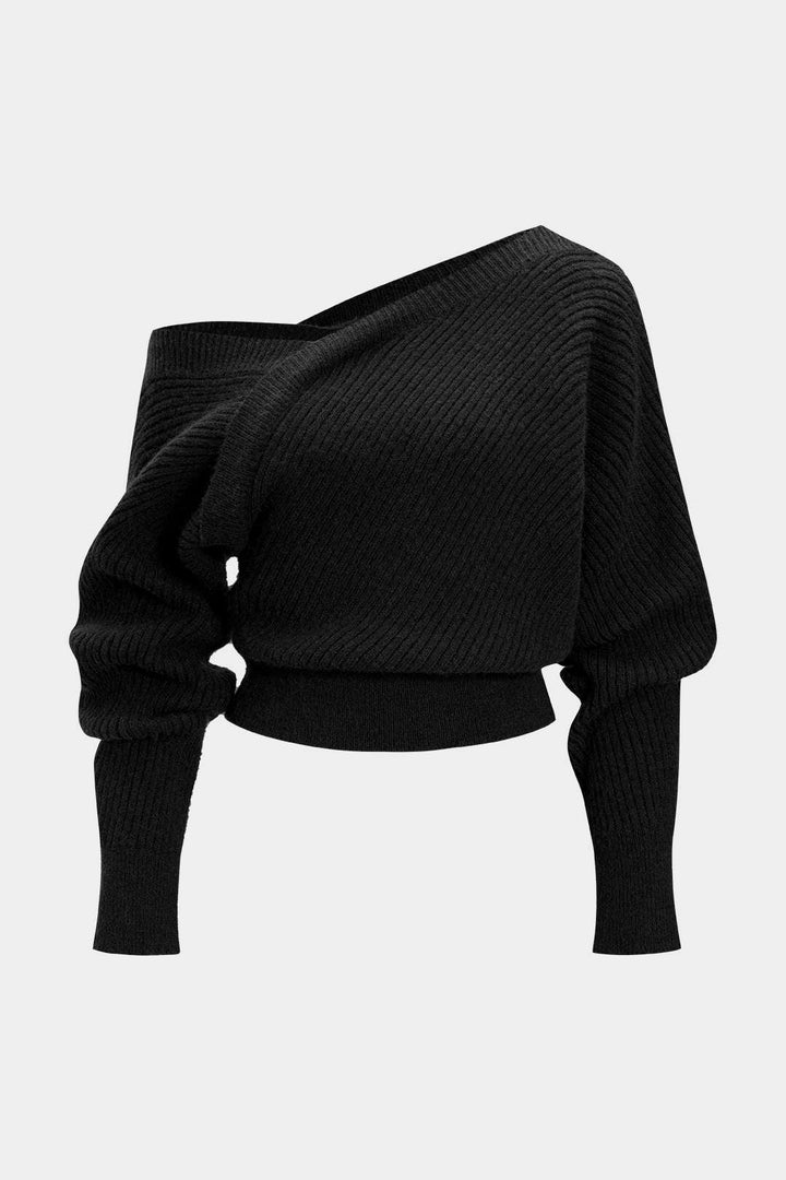 Knit Asymmetrical Ribbed Long-Sleeve Top