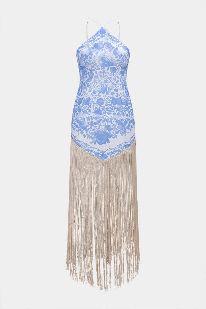 Floral Print Fringe Sleeveless Maxi Dress