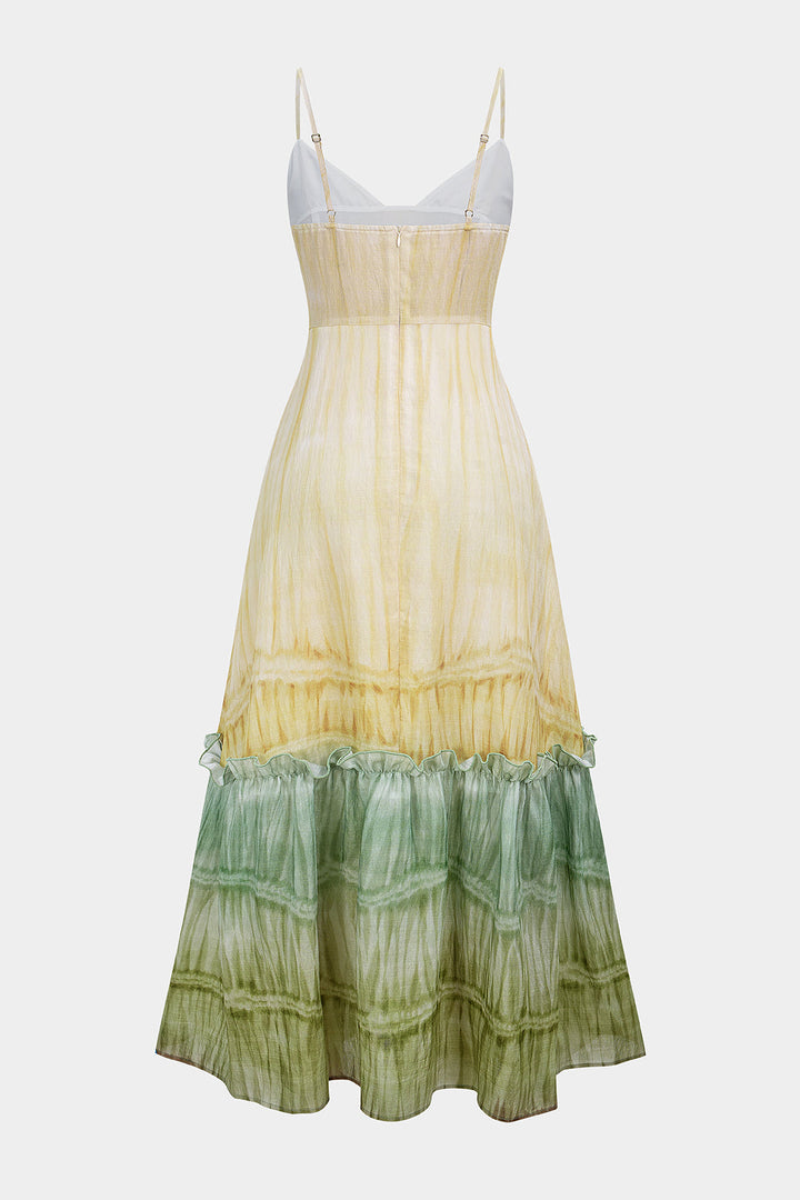 Ombre Print Linen V-Neck Ruched Slip Sleeveless Maxi Dress