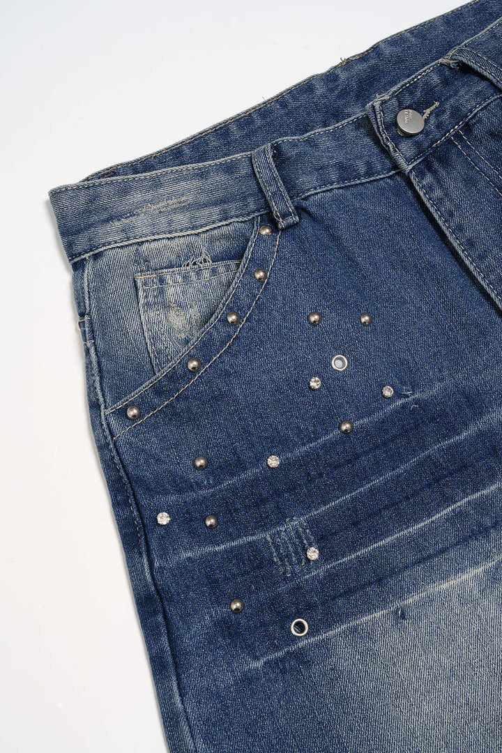 Denim Rivet Rhinestone Decor Straight Leg Jeans
