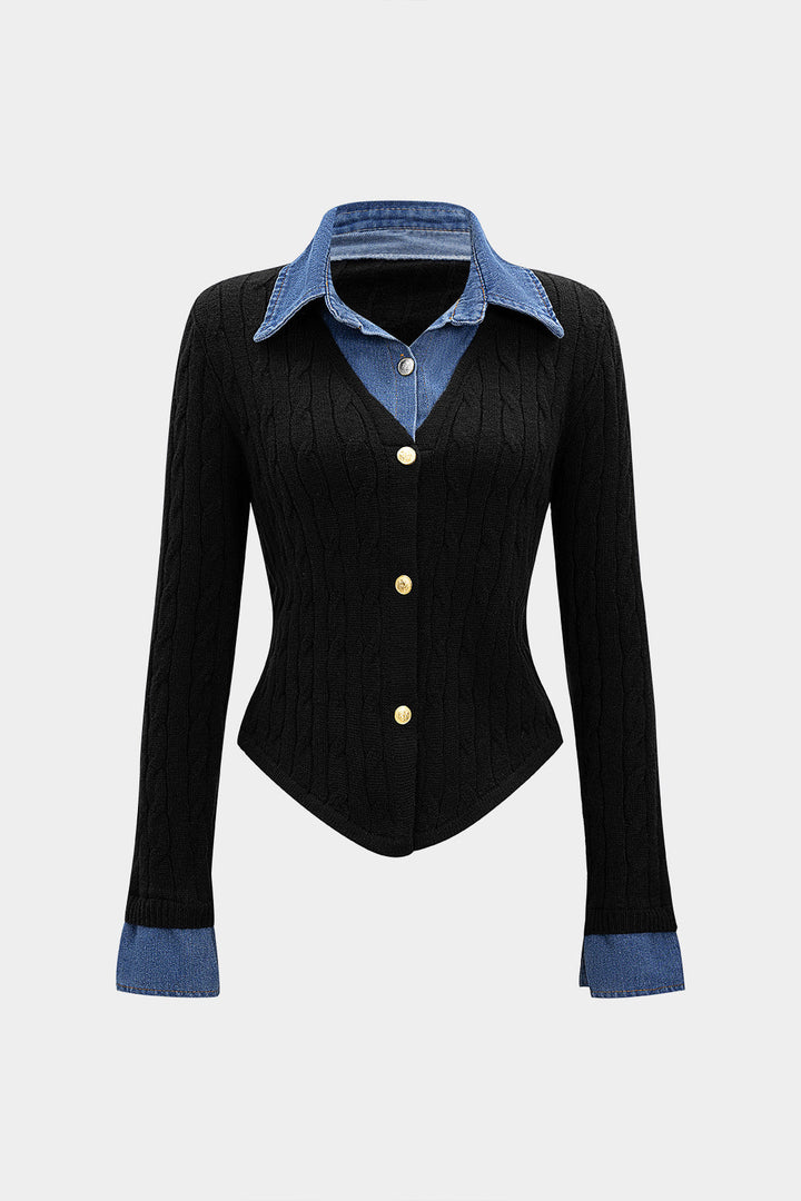 Cable Knit Patchwork Button Long-Sleeve Top