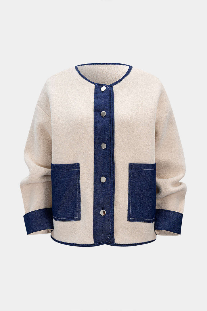 Knitted Denim Patchwork Pocket Cardigan