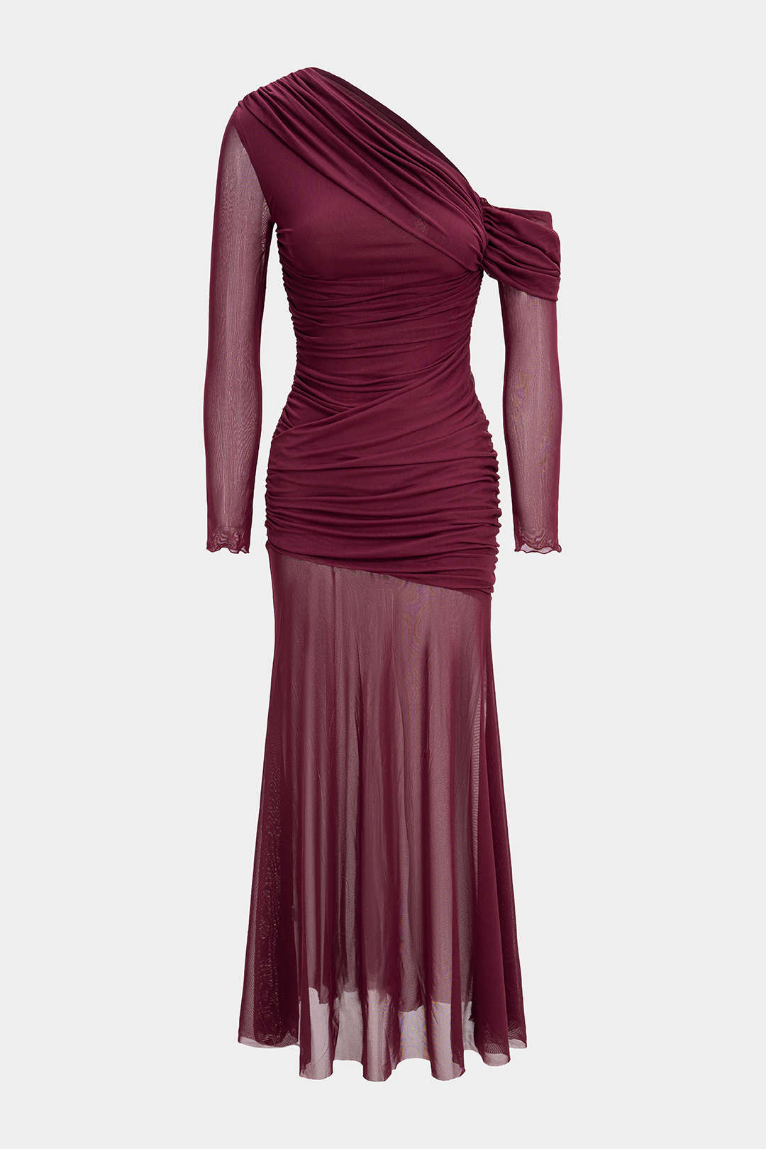 Mesh Patchwork Ruched Long Sleeve Maxi Dress
