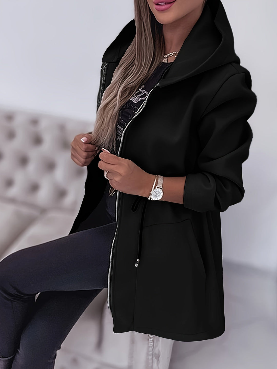 Valentina™ | Zip-Front Drawstring-Waist Hooded Parka Coat