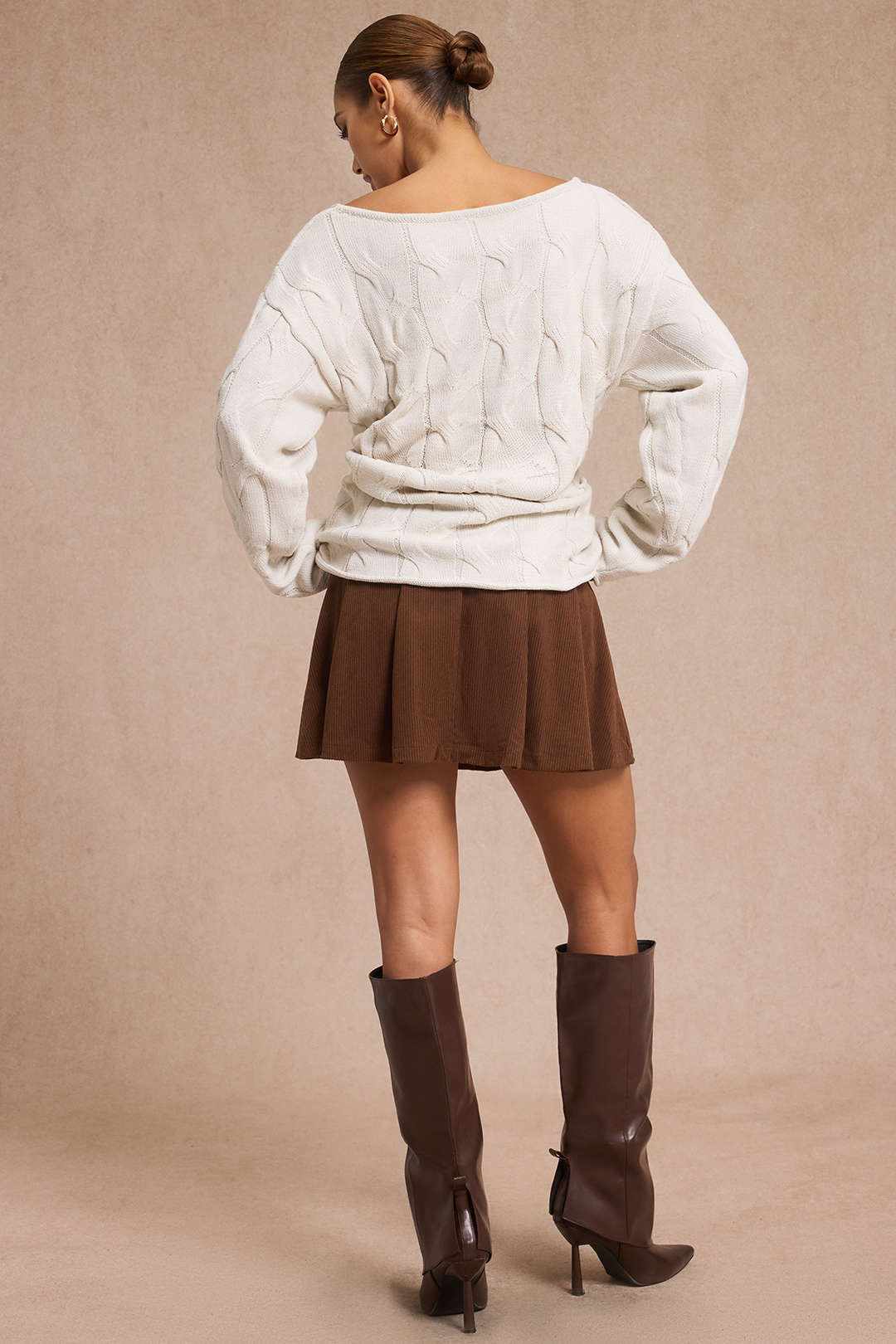 Cable Knit Asymmetrical Neck Long-Sleeve Top