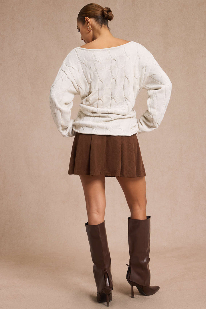 Cable Knit Asymmetrical Neck Long-Sleeve Top