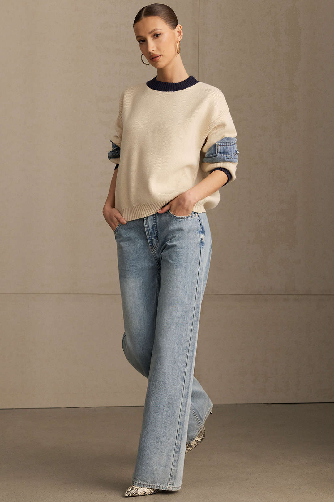 Knit Denim Patchwork Contrast Ribbed Long-Sleeve Top