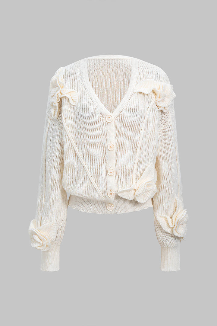 Wool 3D Floral V-Neck Cardigan