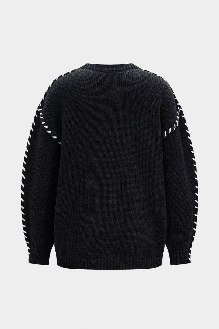 Knit Round Neck Contrast Long-Sleeve Top