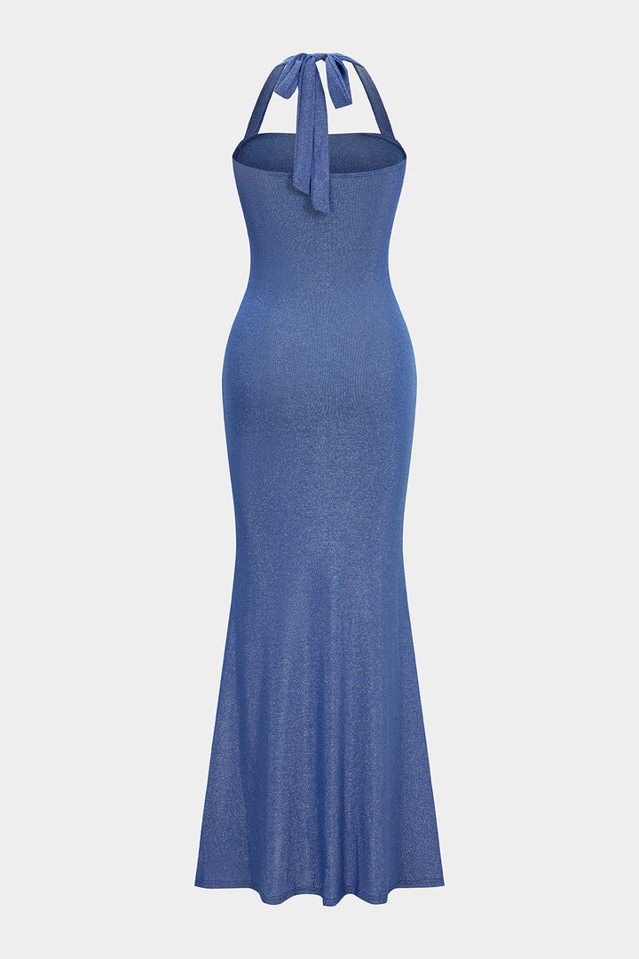 Textured Halter Tie Back Backless Sleeveless Maxi Dress