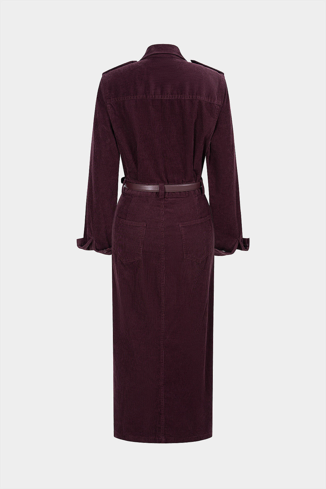 Corduroy Notched Lapel Button Pocket Belted Long Sleeve Dress