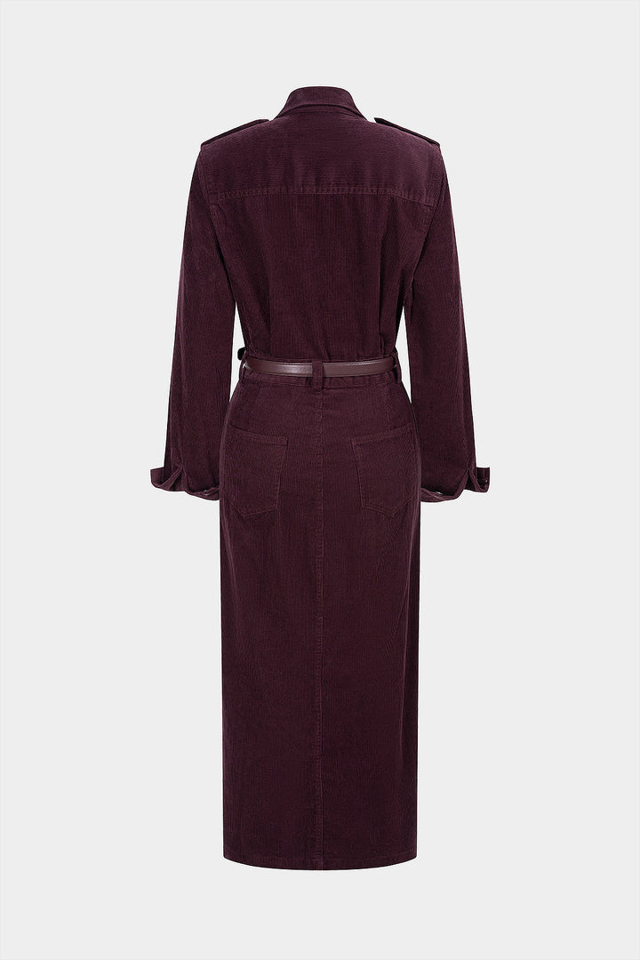 Corduroy Notched Lapel Button Pocket Belted Long Sleeve Dress