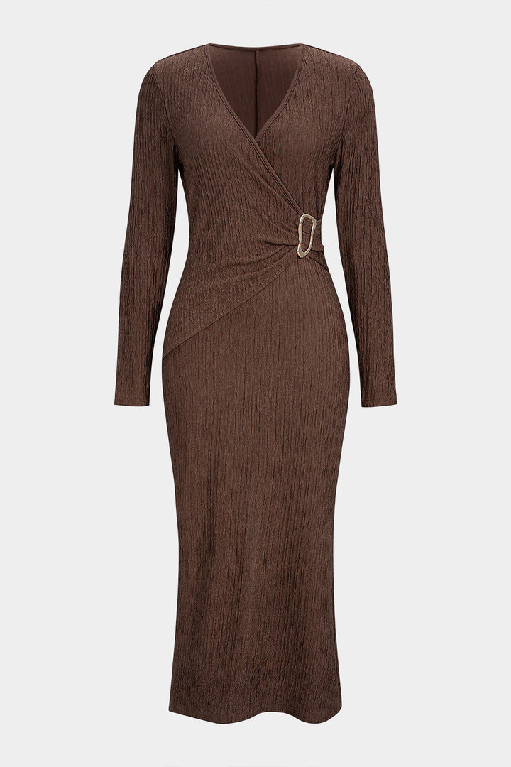 Crossed V-Neck Asymmetrical Long Sleeve Maxi Dress