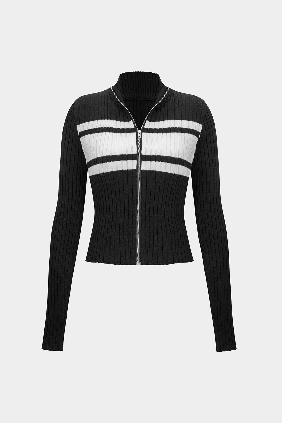 Knit Contrast Zipper Long-Sleeve Top