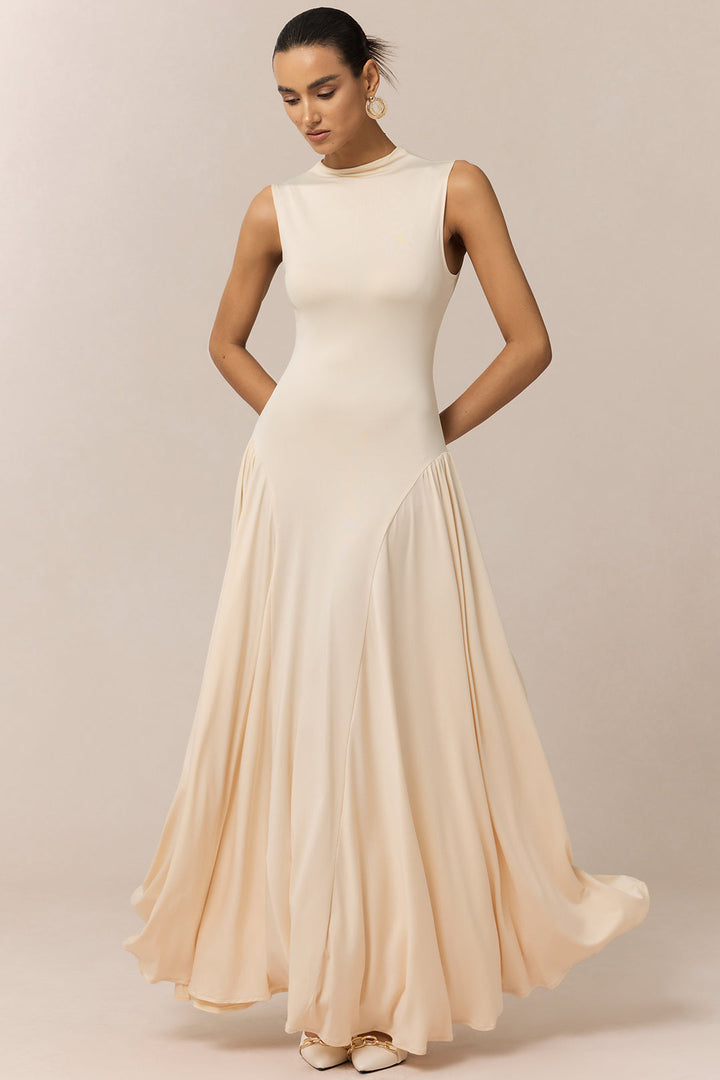 Mock Neck Ruched Sleeveless Maxi Dress
